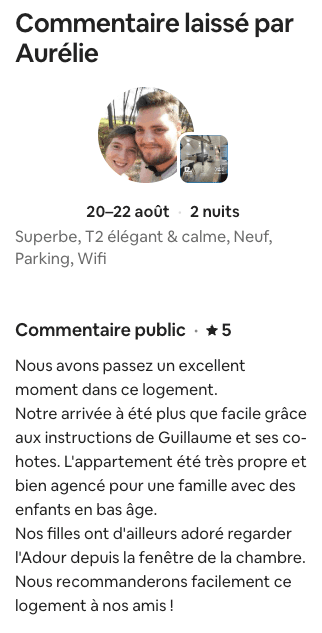 Avis Airbnb 5 étoiles de Aurélie