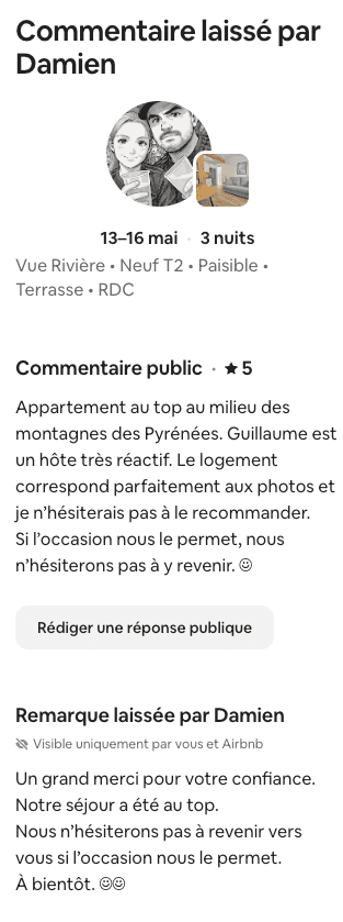 Avis Airbnb 5 étoiles de Damien