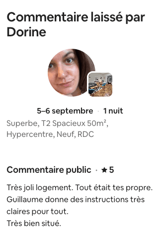 Avis Airbnb 5 étoiles de Dorine
