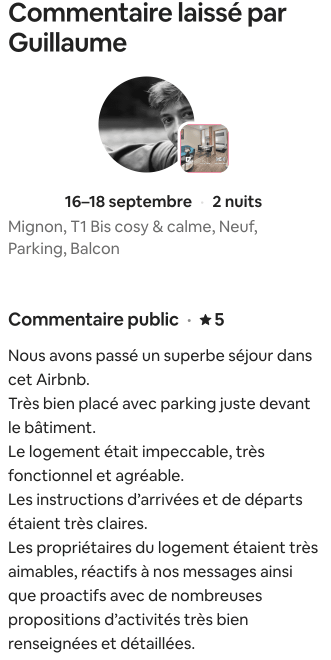 Avis Airbnb 5 étoiles de Guillaume