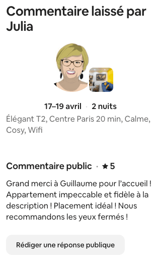 Avis Airbnb 5 étoiles de Julia