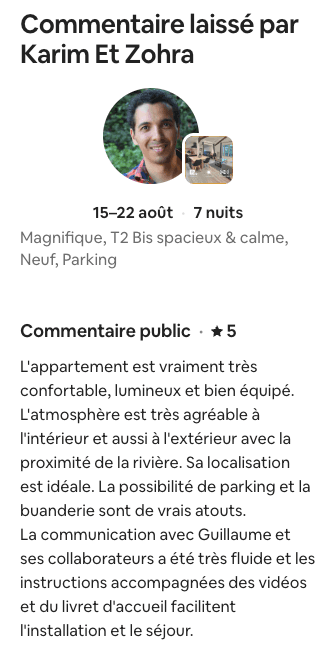 Avis Airbnb 5 étoiles de Karim