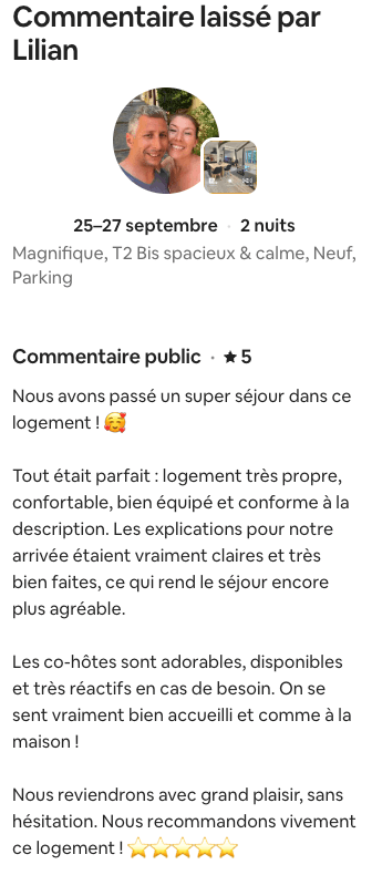 Avis Airbnb 5 étoiles de Lilian