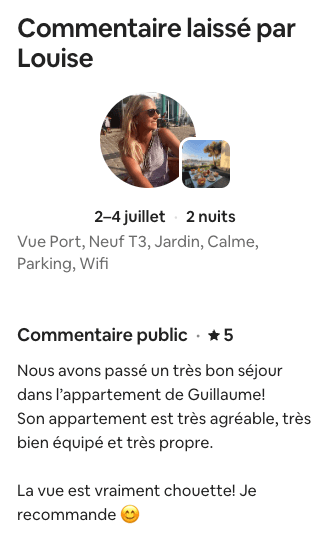 Avis Airbnb 5 étoiles de Louise