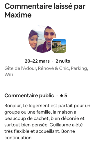 Avis Airbnb 5 étoiles de Maxime