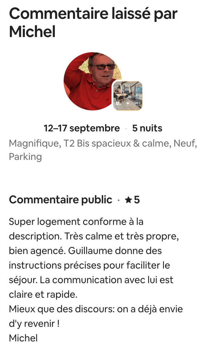Avis Airbnb 5 étoiles de Michel