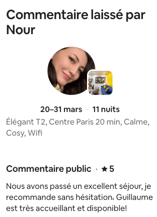 Avis Airbnb 5 étoiles de Nour