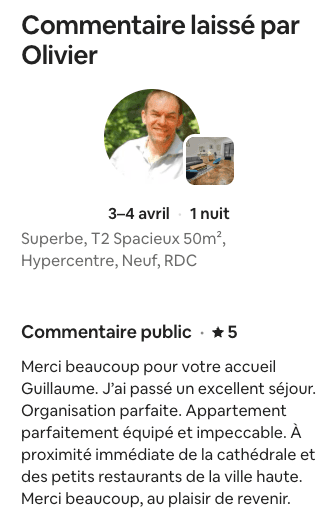 Avis Airbnb 5 étoiles de Olivier