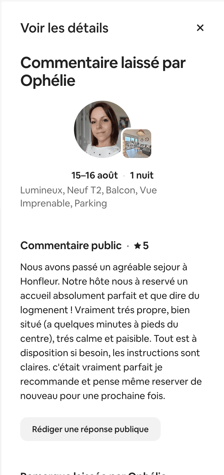 Avis Airbnb 5 étoiles de Ophélie