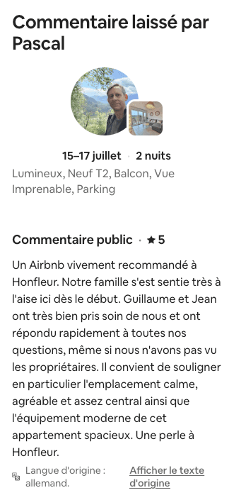 Avis Airbnb 5 étoiles de Pascal
