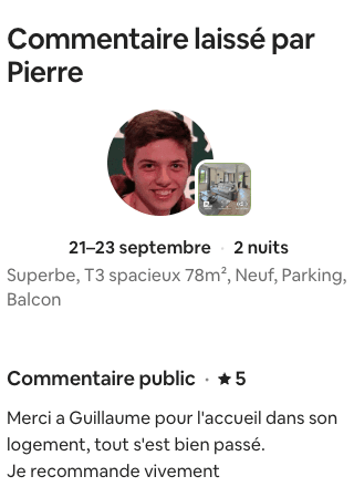 Avis Airbnb 5 étoiles de Pierre