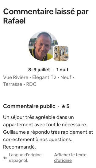 Avis Airbnb 5 étoiles de Rafael