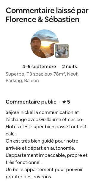 Avis Airbnb 5 étoiles de Sébastien