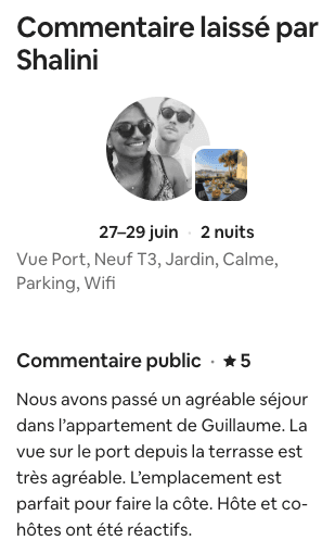 Avis Airbnb 5 étoiles de Shalini