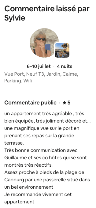 Avis Airbnb 5 étoiles de Sylvie