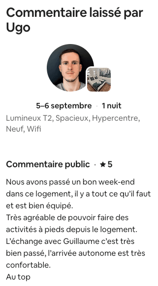 Avis Airbnb 5 étoiles de Ugo