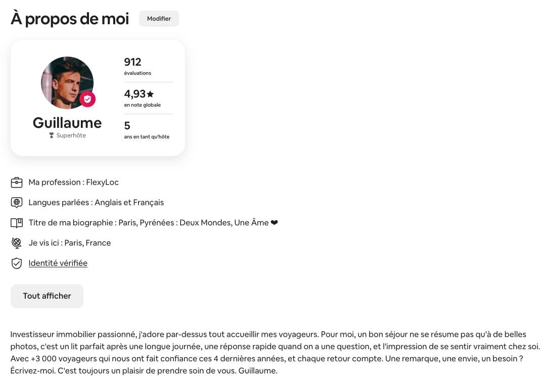 Exemple de profil hôte Airbnb complet