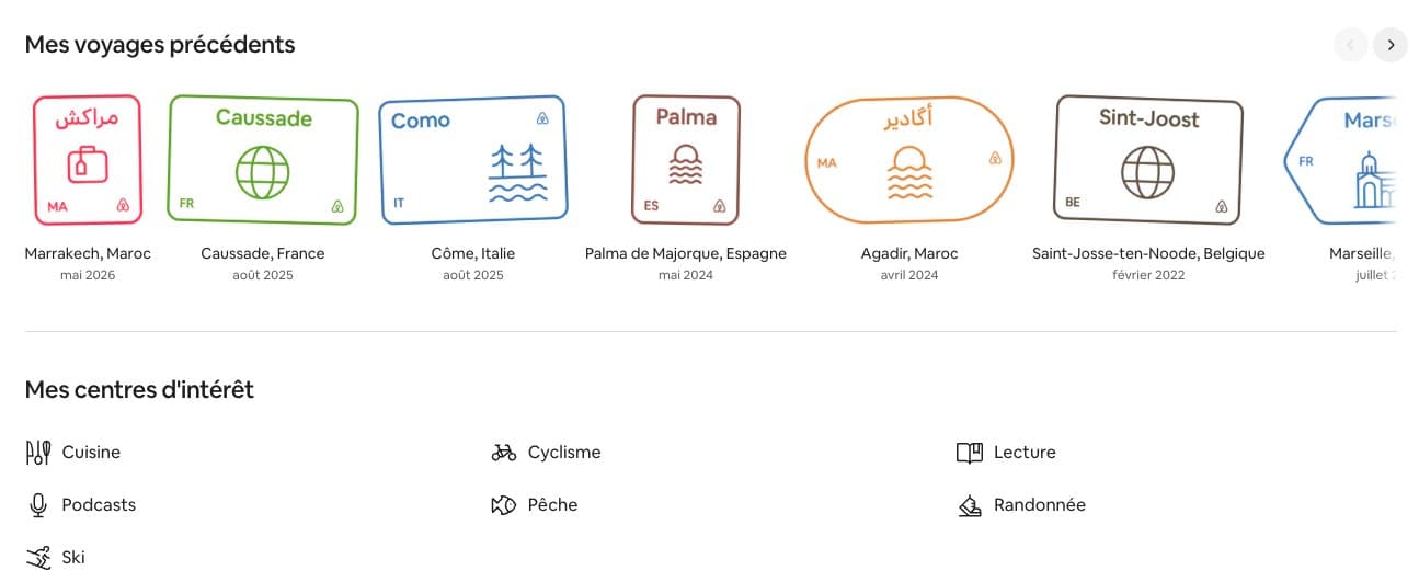 Voyages précédents et centres d'intérêt sur un profil Airbnb